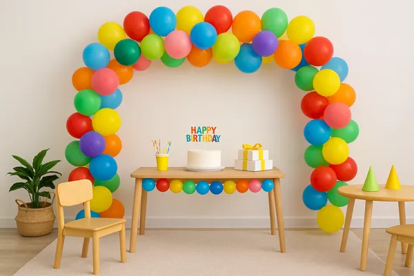 Decoração simples com balões coloridos para festa infantil em casa