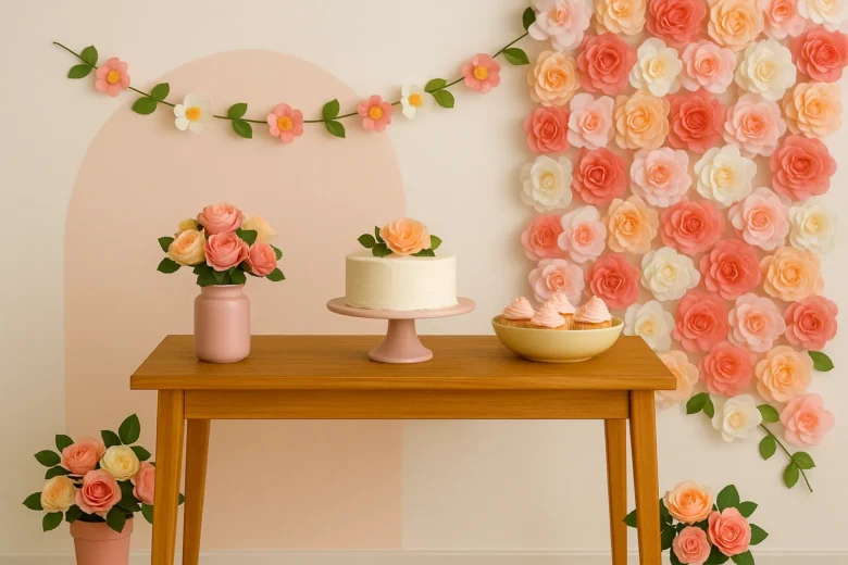 Decoração com flores artificiais baratas para festa de menina