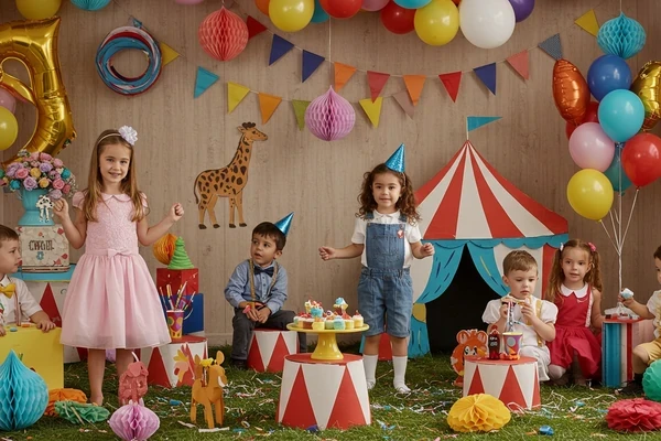 Festa infantil de circo com decoração feita com papel reciclado
