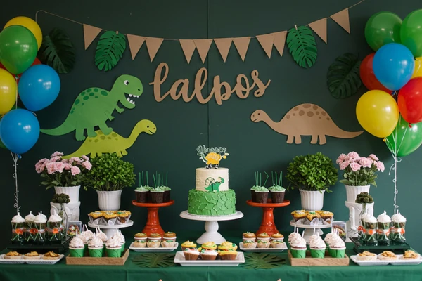 Festa infantil no tema Dinossauros com enfeites caseiros