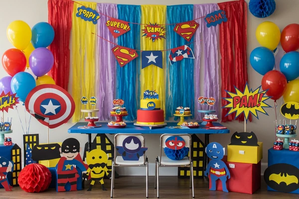 Festa temática de super-heróis com decoração simples e barata