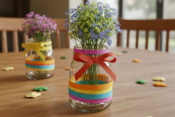 Como fazer centro de mesa infantil com potes de vidro reciclados e fitas coloridas